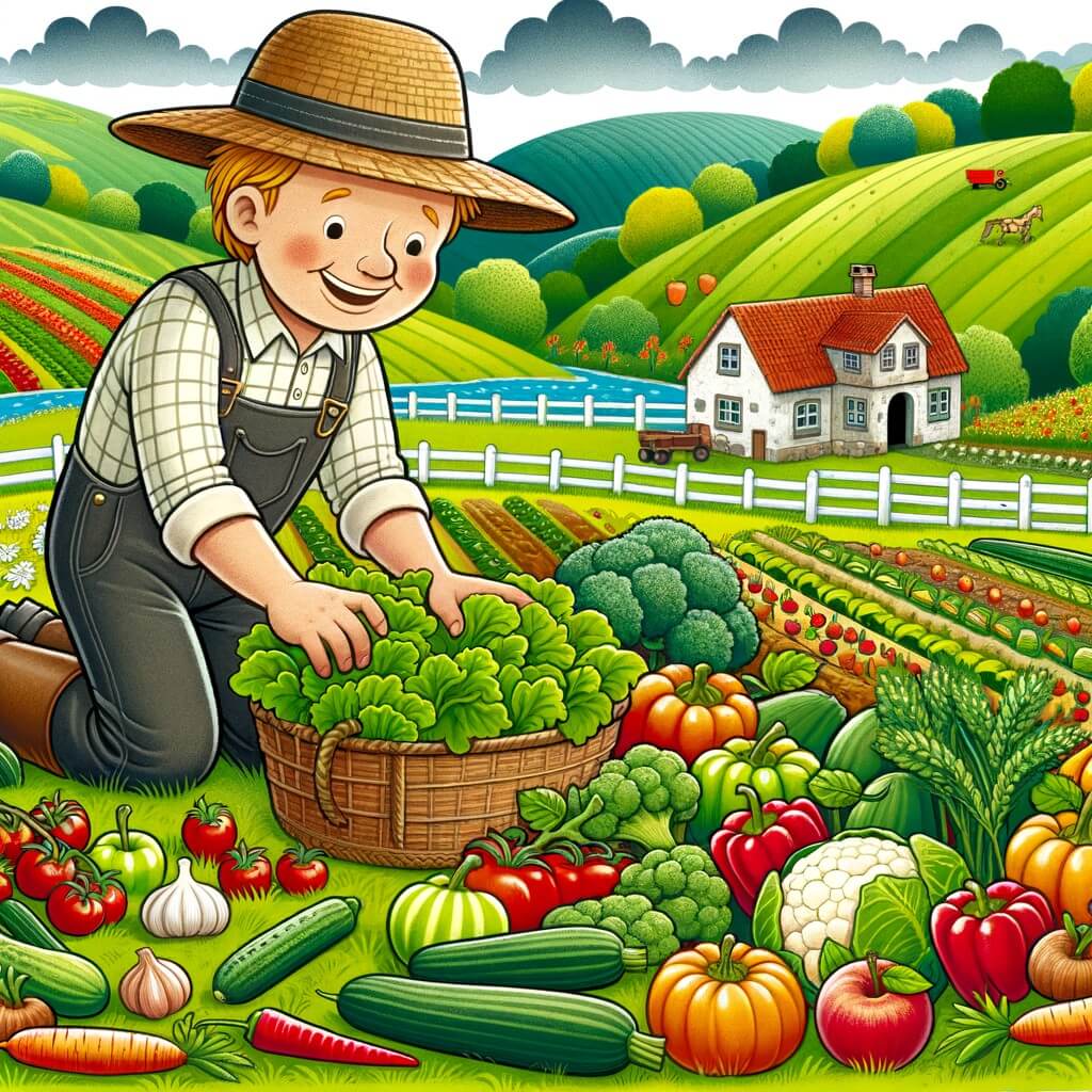 Une illustration pour enfants représentant un homme agriculteur dans sa ferme à la campagne, partageant son savoir-faire avec son petit-fils curieux de découvrir le monde rural.