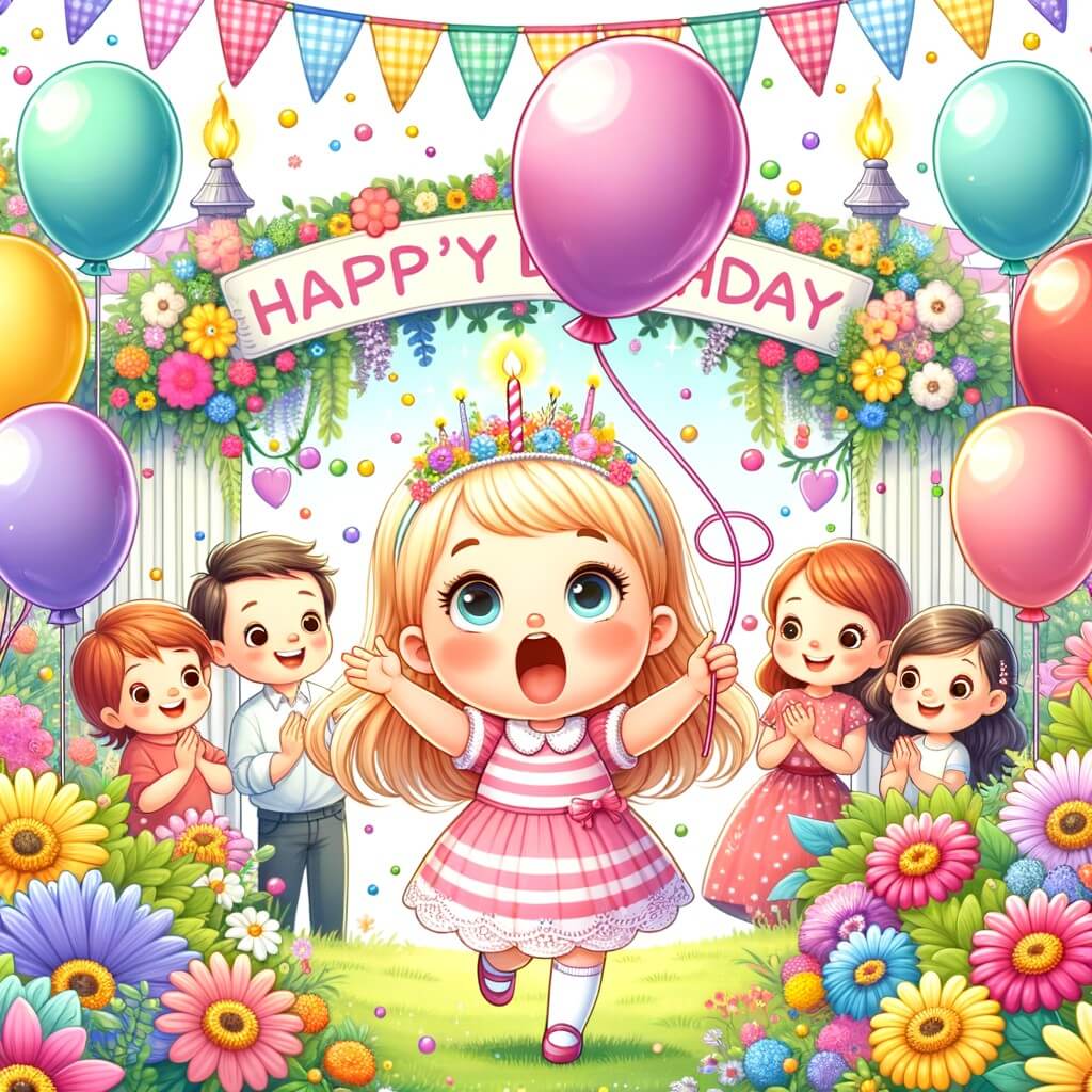 Une illustration destinée aux enfants représentant une petite fille pleine d'excitation lors de son anniversaire, accompagnée de sa famille, dans un jardin enchanté rempli de ballons colorés et de fleurs éclatantes.