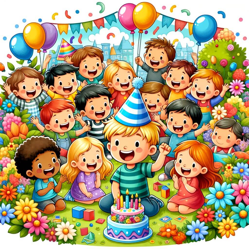 Une illustration destinée aux enfants représentant un petit garçon plein d'enthousiasme, entouré de ses amis, dans un jardin coloré et fleuri, lors d'une fête d'anniversaire remplie de jeux, de rires et de surprises.