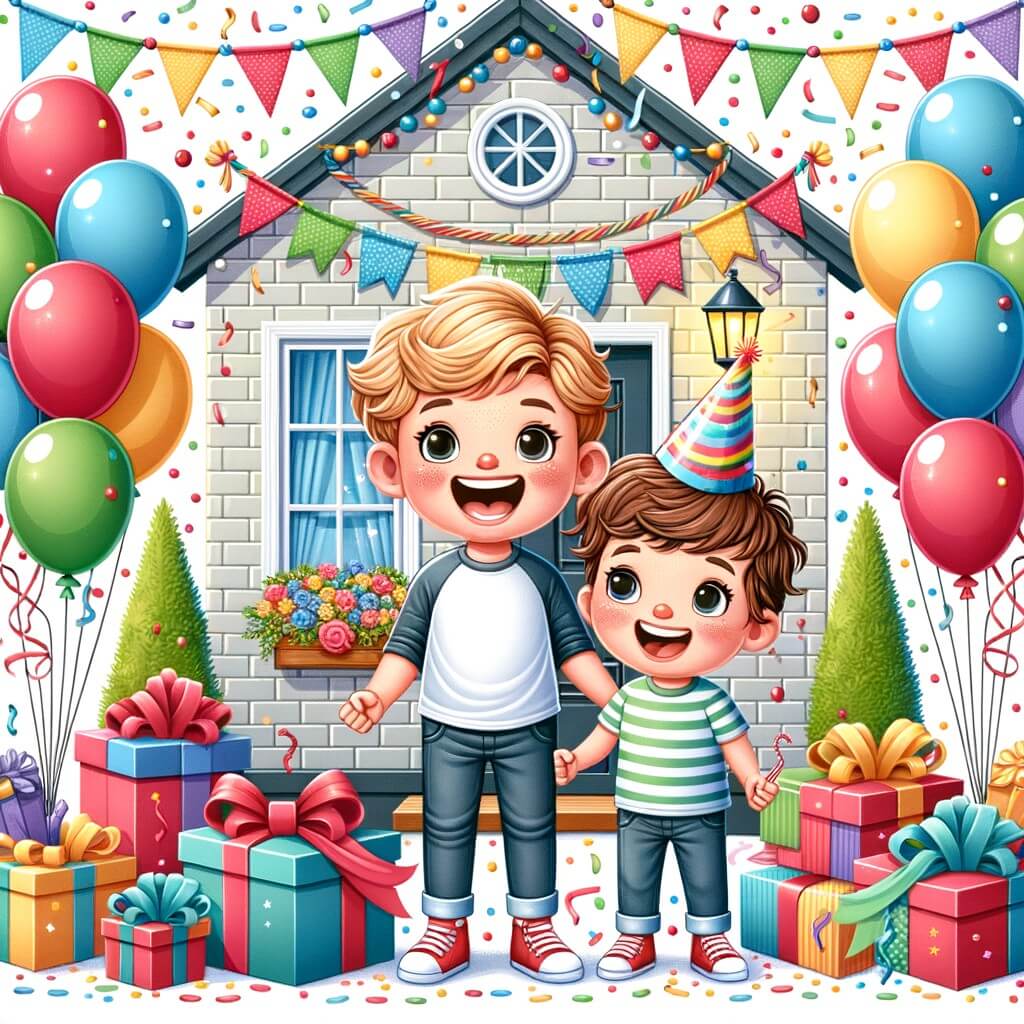 Une illustration destinée aux enfants représentant un petit garçon plein d'excitation, entouré de ballons colorés et de cadeaux, avec son meilleur ami à ses côtés, dans une maison décorée de guirlandes et de confettis, pour célébrer son anniversaire.