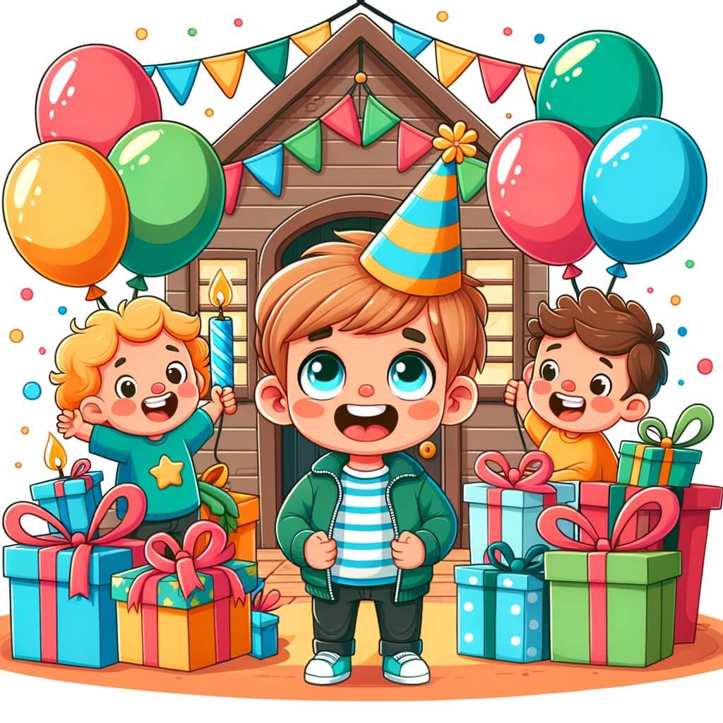 Une illustration destinée aux enfants représentant un petit garçon plein d'excitation, entouré de cadeaux et d'amis, dans une maison chaleureuse décorée de ballons colorés, pour célébrer son anniversaire.