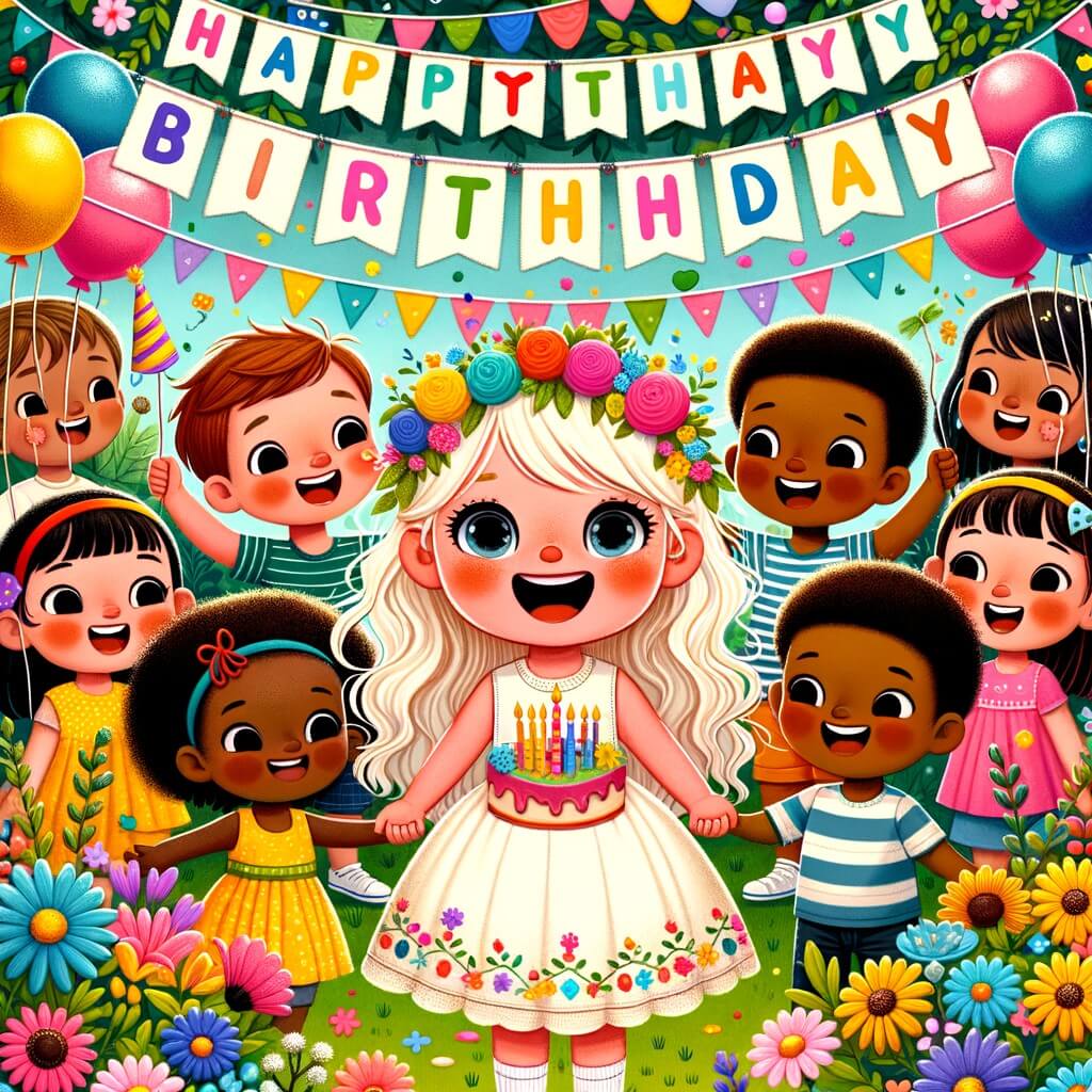 Une illustration destinée aux enfants représentant une petite fille pleine de joie, entourée de ses amis et de sa famille, célébrant son anniversaire dans un jardin coloré rempli de ballons, de guirlandes et de fleurs.