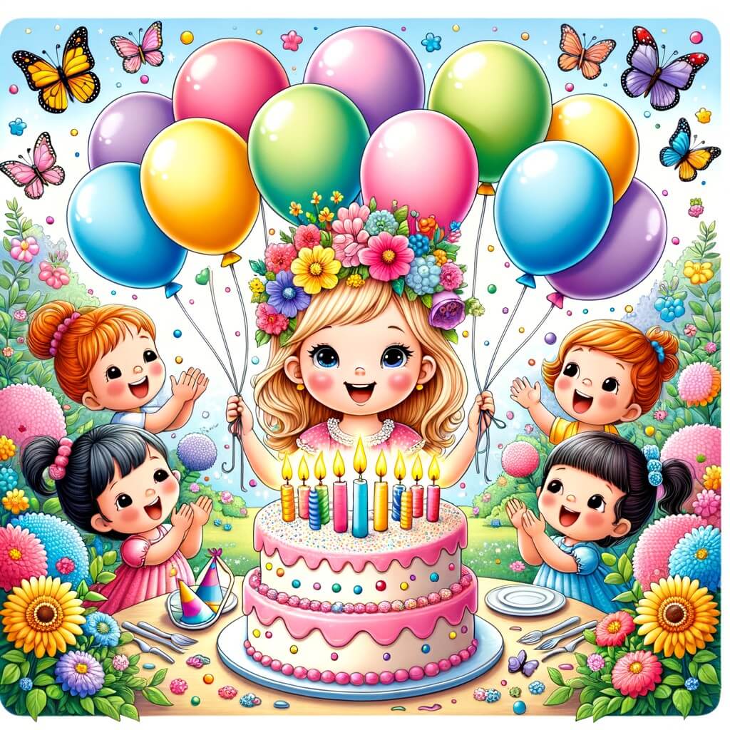 Une illustration pour enfants représentant une petite fille souriante, qui fête son anniversaire avec ses amis dans une fête foraine pleine de lumières et de couleurs.