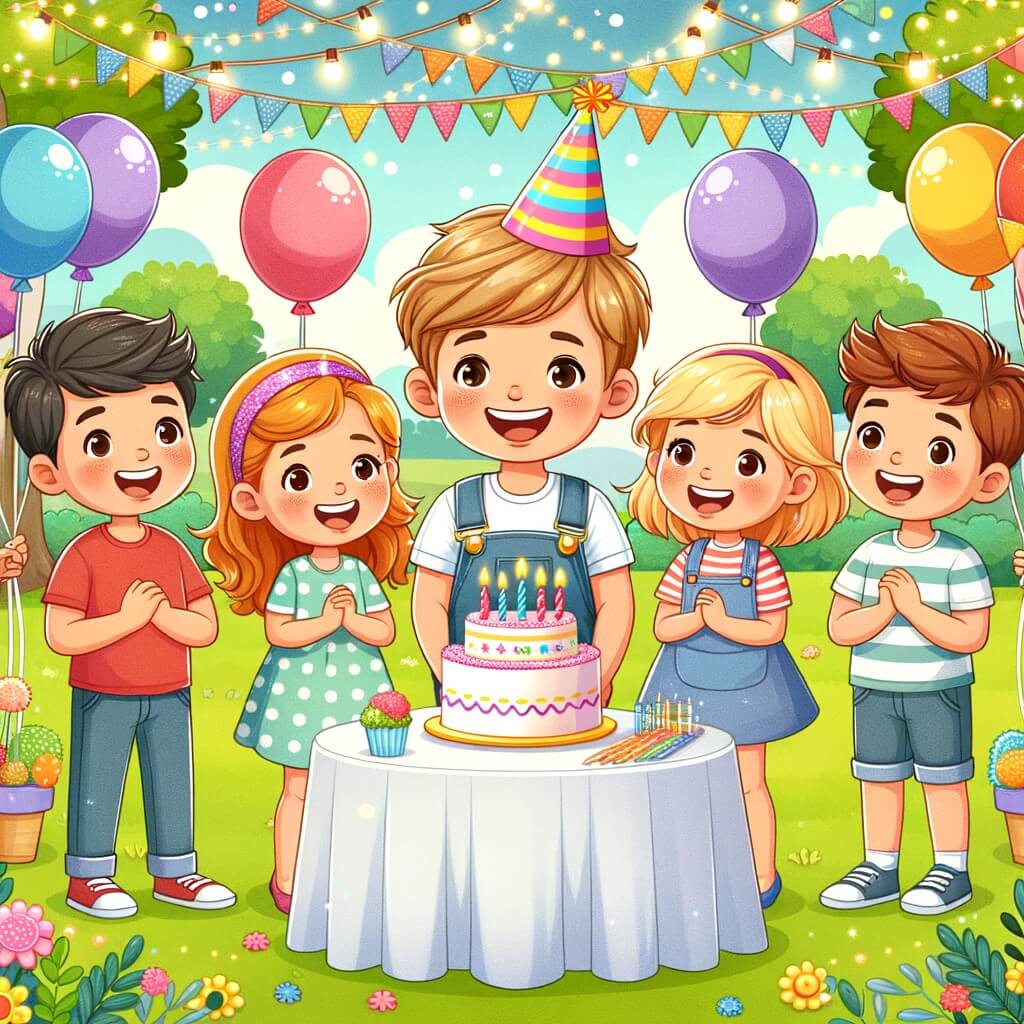 Une illustration pour enfants représentant un petit garçon souriant, entouré de cadeaux et de ballons, dans une maison décorée pour une fête d'anniversaire.