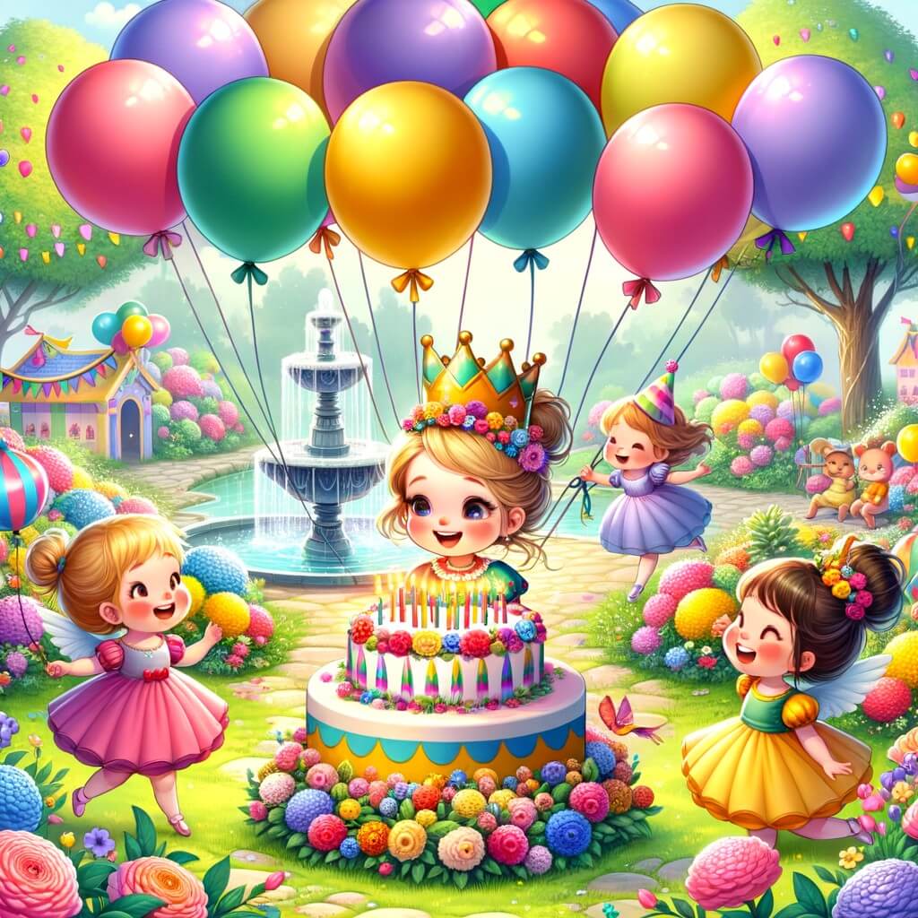 Une illustration destinée aux enfants représentant une petite fille pleine de joie, entourée de ballons colorés, se préparant à célébrer son anniversaire avec ses amis dans un jardin enchanté rempli de fleurs éclatantes et d'une fontaine magique.