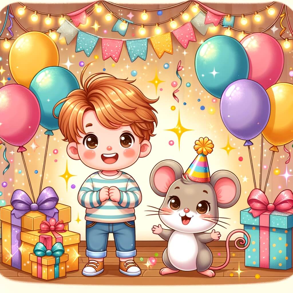 Une illustration pour enfants représentant un petit garçon, excité à l'idée de son anniversaire, qui vivra une aventure magique avec une souris de l'anniversaire dans sa chambre, son lieu bien-aimé.