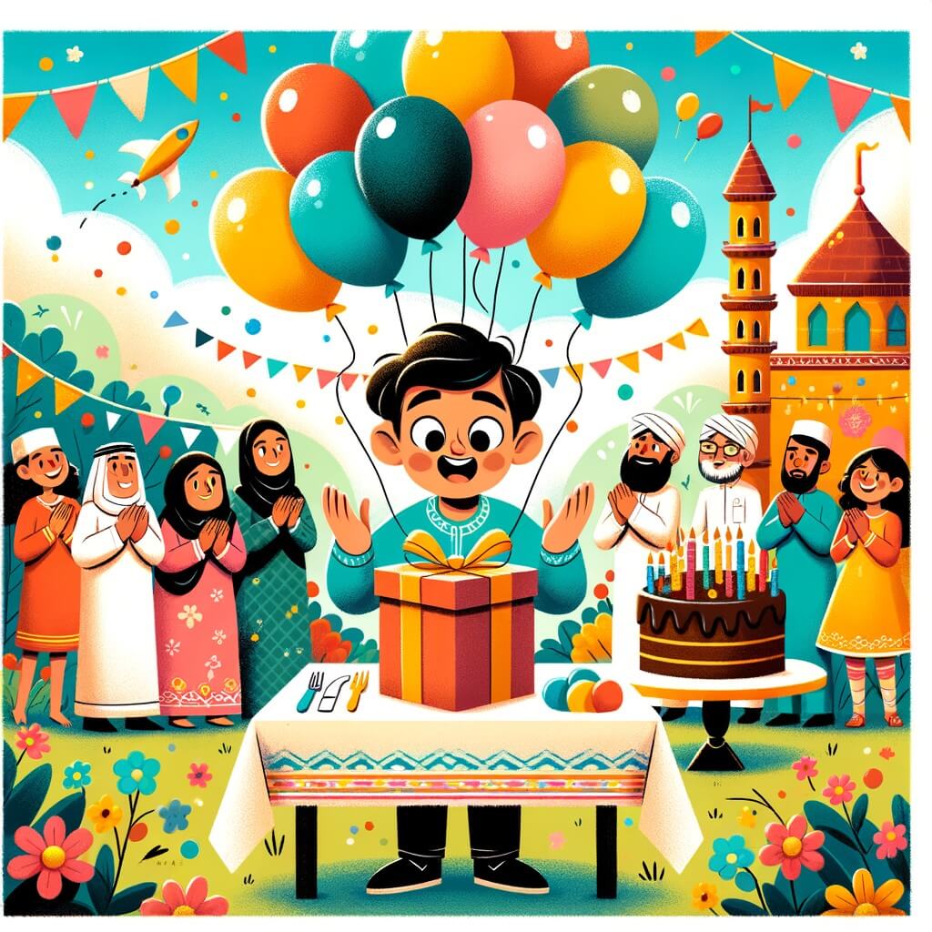 Une illustration pour enfants représentant un petit garçon joyeux, découvrant une surprise d'anniversaire géante, dans une maison décorée de ballons colorés.