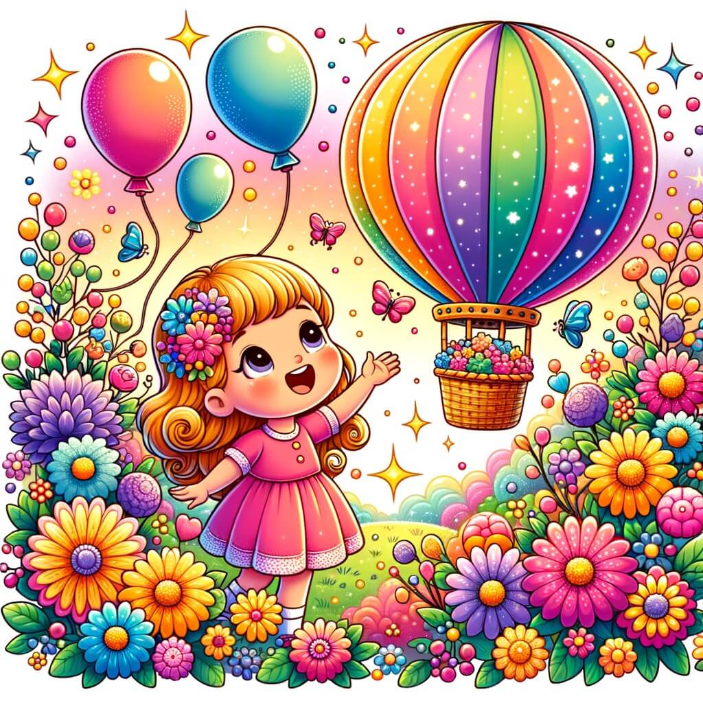 Une illustration destinée aux enfants représentant une petite fille rayonnante, entourée de ballons colorés, qui découvre avec émerveillement une montgolfière magique dans un jardin fleuri aux mille couleurs.