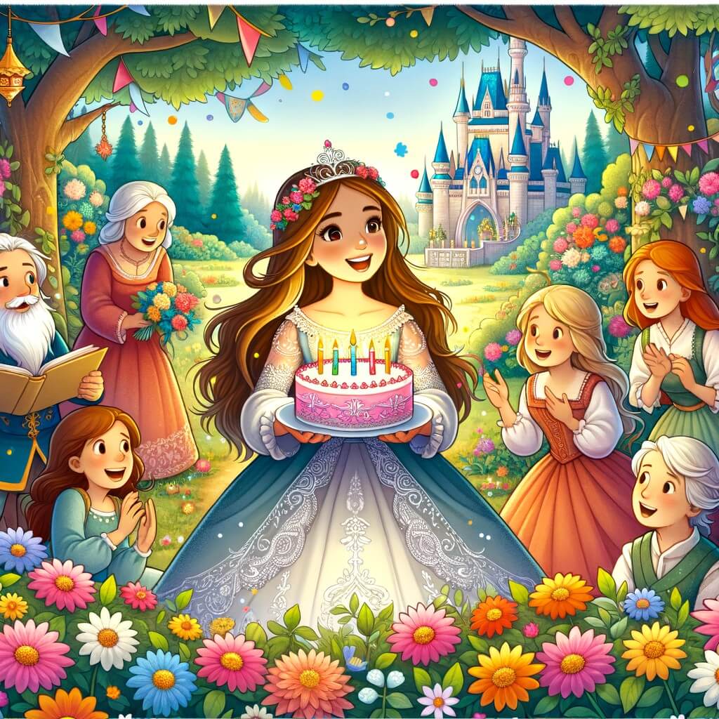 Une illustration destinée aux enfants représentant une petite fille rayonnante, entourée de ses amis et de sa famille, célébrant son anniversaire dans un jardin enchanté rempli de fleurs colorées et d'arbres majestueux.