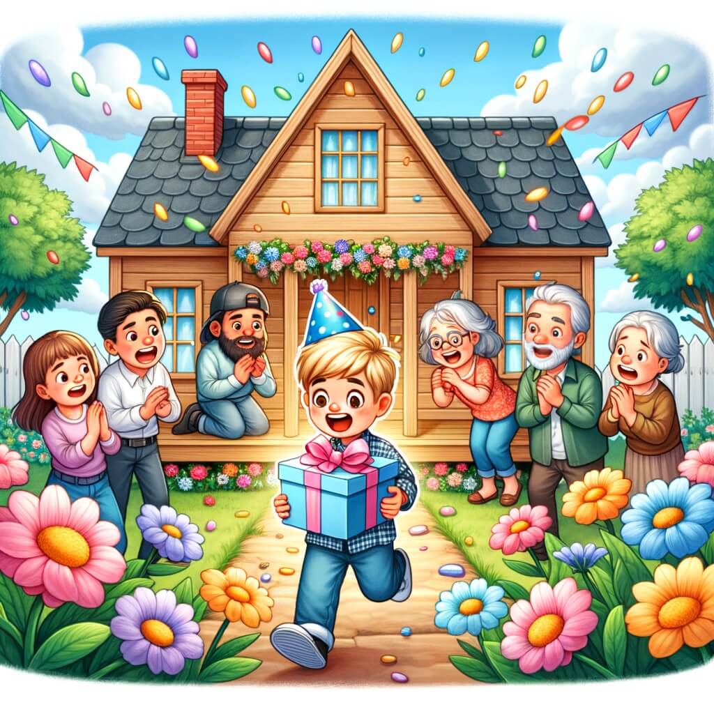 Une illustration pour enfants représentant un petit garçon plein d'excitation lors de son anniversaire, entouré de sa famille et de ses amis, dans un joli village rempli de fleurs multicolores.