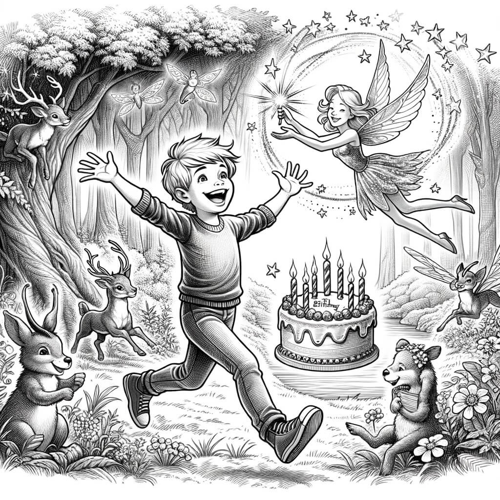 Une illustration destinée aux enfants représentant un petit garçon plein d'énergie, qui fête son anniversaire dans une forêt enchantée, entouré de créatures magiques et d'une fée messagère scintillante.