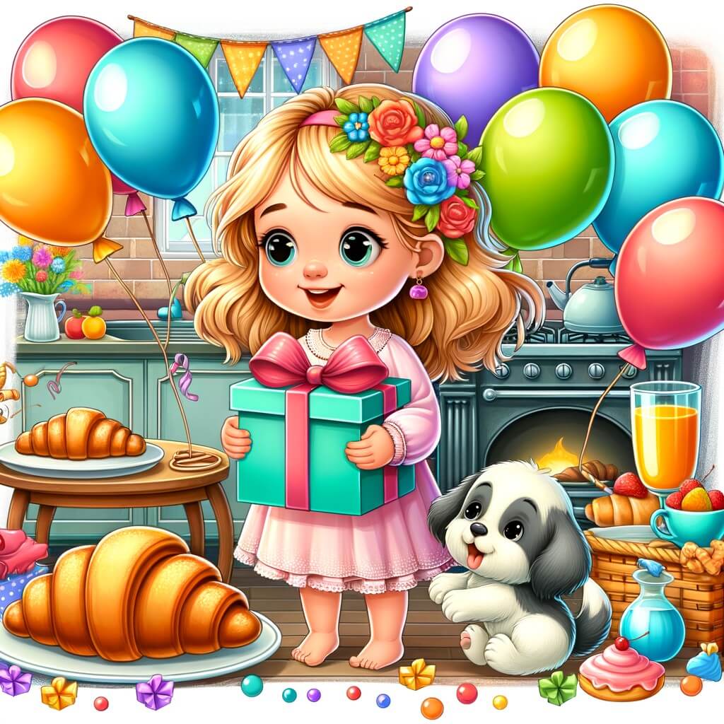 Une illustration destinée aux enfants représentant une petite fille rayonnante, entourée de ballons colorés, découvrant un cadeau mystérieux avec l'aide de son chiot, dans une cuisine chaleureuse remplie de croissants et de jus d'orange.