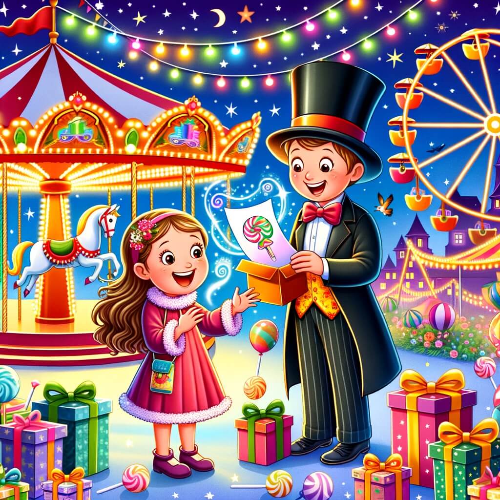 Une illustration pour enfants représentant une petite fille pleine d'excitation qui célèbre son anniversaire à la fête foraine, un monde enchanté rempli de manèges colorés et de délicieuses glaces à volonté.