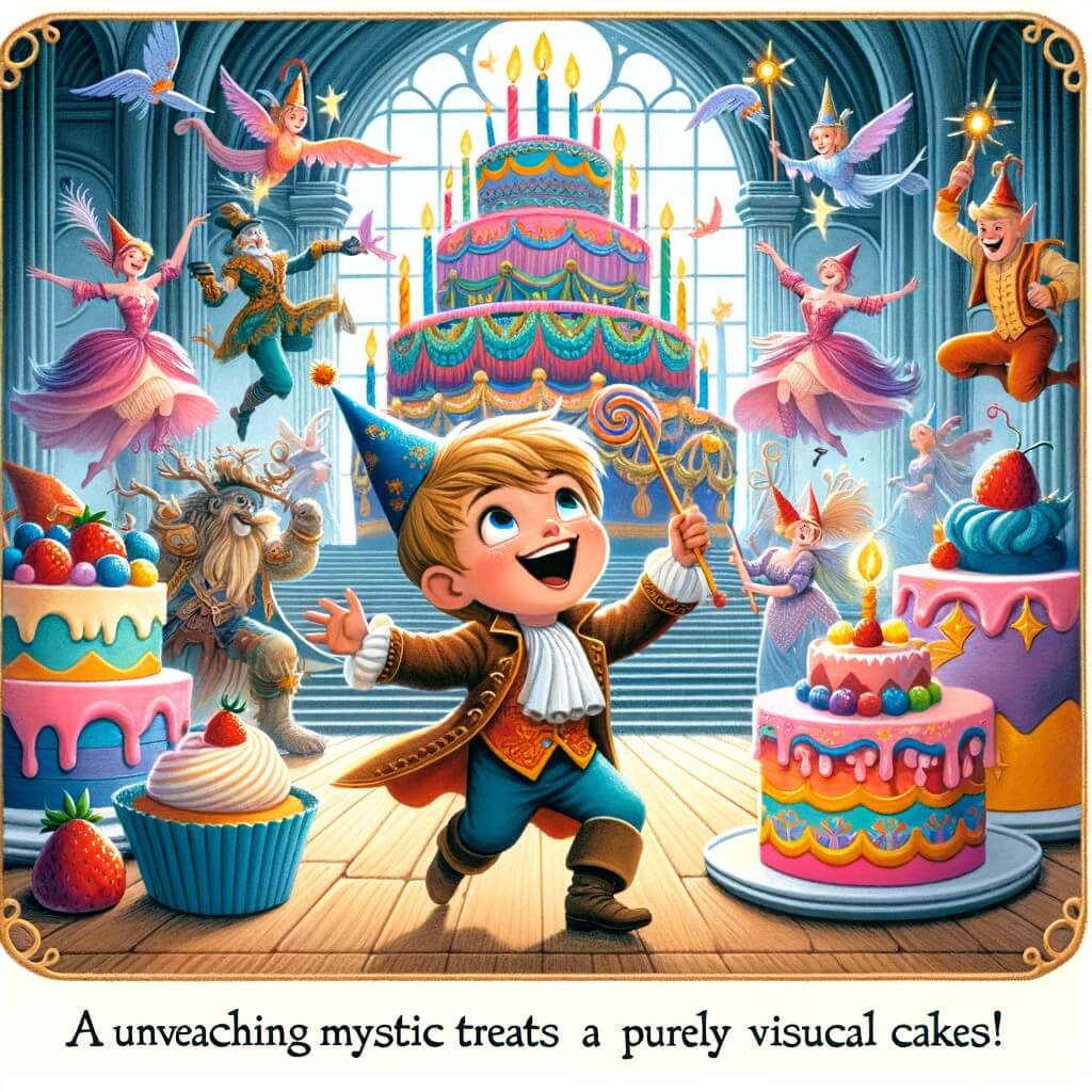 Une illustration pour enfants représentant un petit garçon plein de curiosité et d'émerveillement, vivant une aventure mystérieuse lors de son anniversaire, dans un théâtre magique.