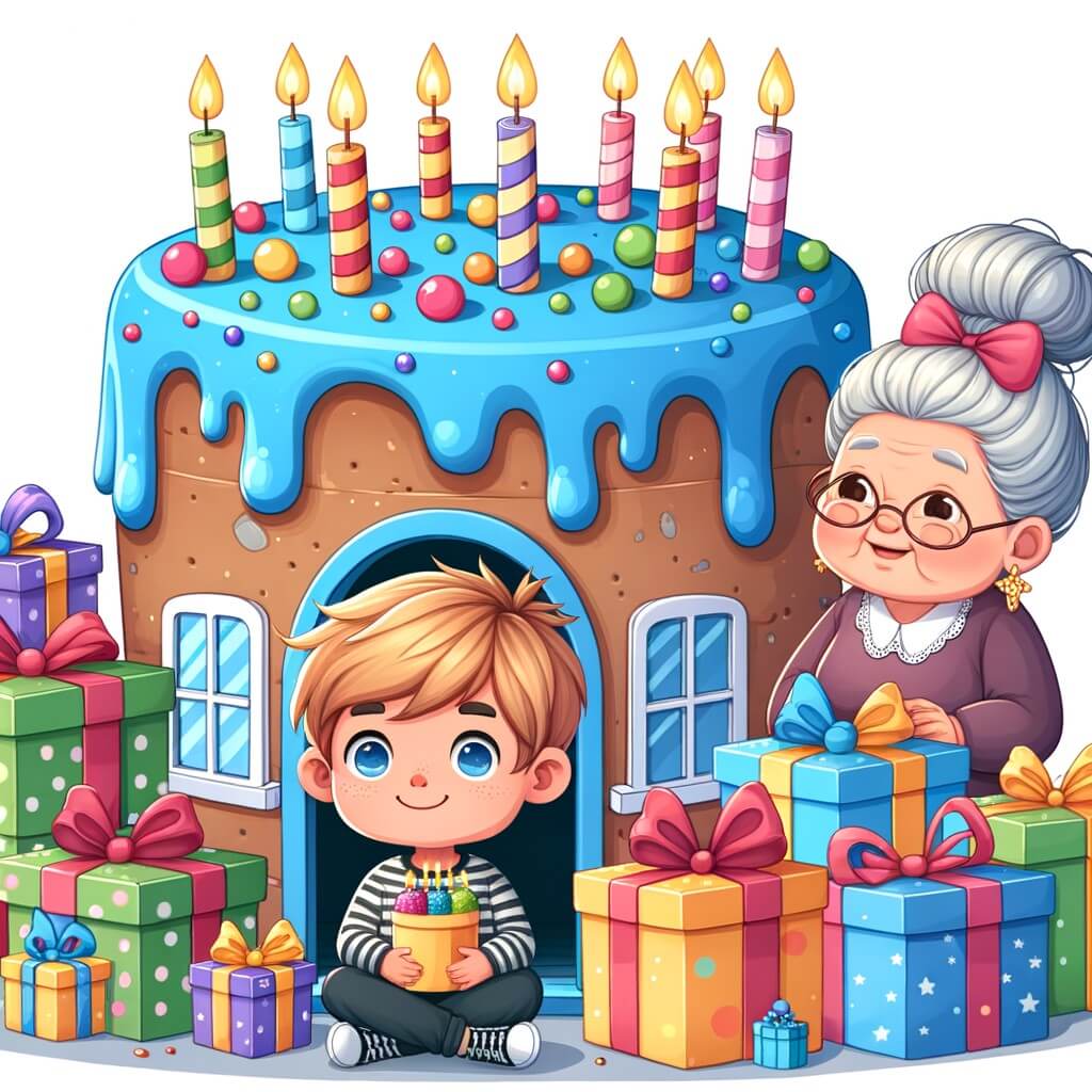 Une illustration destinée aux enfants représentant un petit garçon souriant, entouré de cadeaux colorés, avec sa grand-mère mystérieuse, dans une maison en forme de gâteau, pour célébrer son anniversaire.