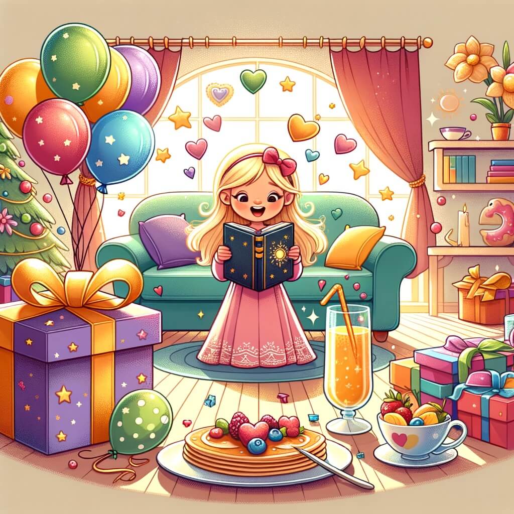 Une illustration pour enfants représentant une petite fille joyeuse découvrant une mystérieuse boîte à cadeaux lors d'une fête d'anniversaire dans une ville ensoleillée.