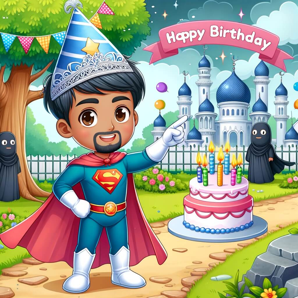 Une illustration pour enfants représentant un petit garçon vêtu d'un costume de super-héros, accomplissant une mission pour son anniversaire, dans un parc enchanté.