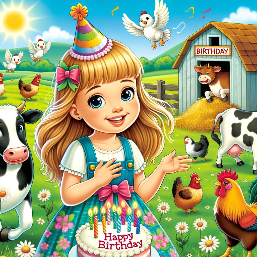 Une illustration destinée aux enfants représentant une petite fille rayonnante, entourée d'animaux de la ferme, célébrant son anniversaire dans une ferme colorée avec des vaches, des poules, un poulailler et un champ verdoyant en arrière-plan.