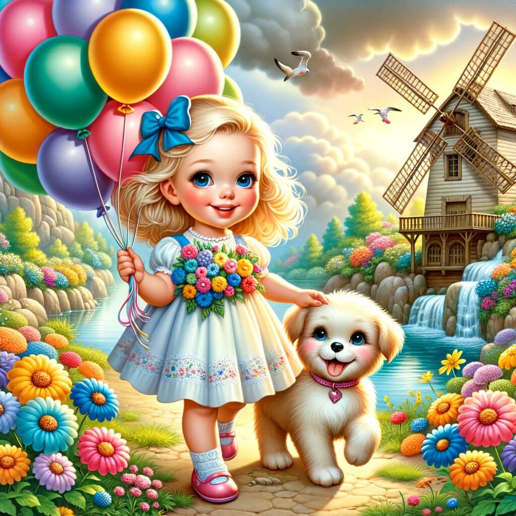Une illustration pour enfants représentant une petite fille pleine d'enthousiasme découvrant un mystérieux message d'anniversaire qui l'invite à une aventure extraordinaire au Pays des Rêves.