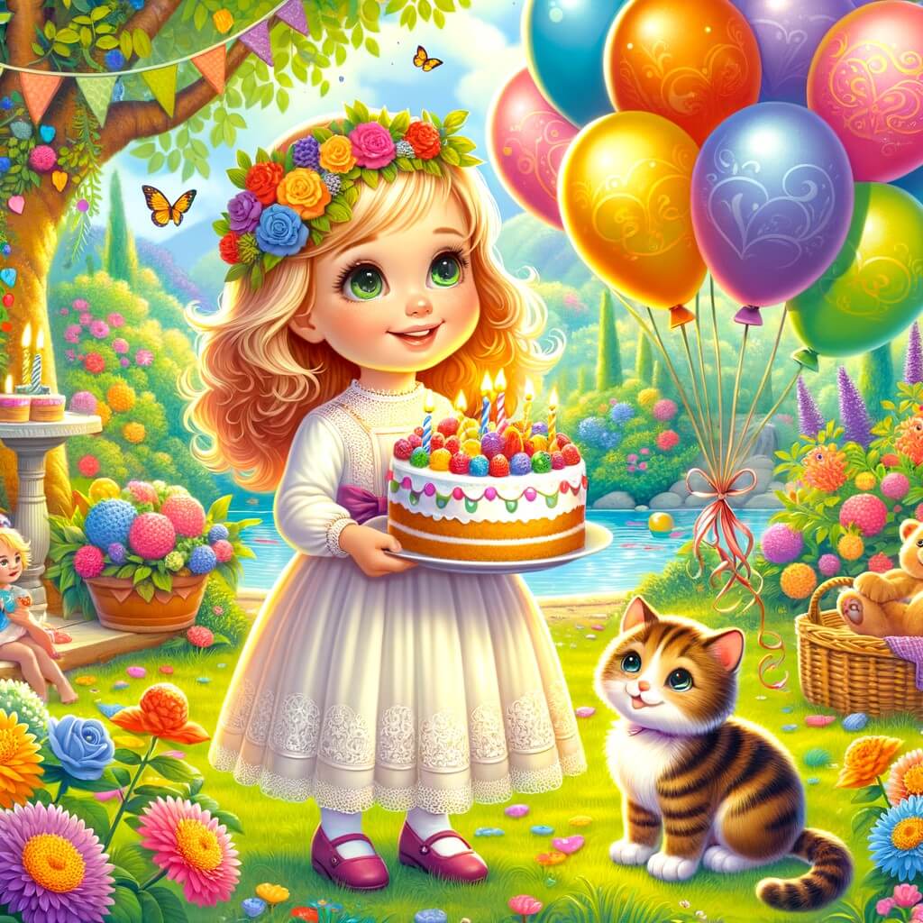 Une illustration destinée aux enfants représentant une petite fille rayonnante, entourée de ballons colorés, partageant un gâteau d'anniversaire avec un adorable chaton, dans un jardin enchanté rempli de fleurs multicolores et d'arbres majestueux.