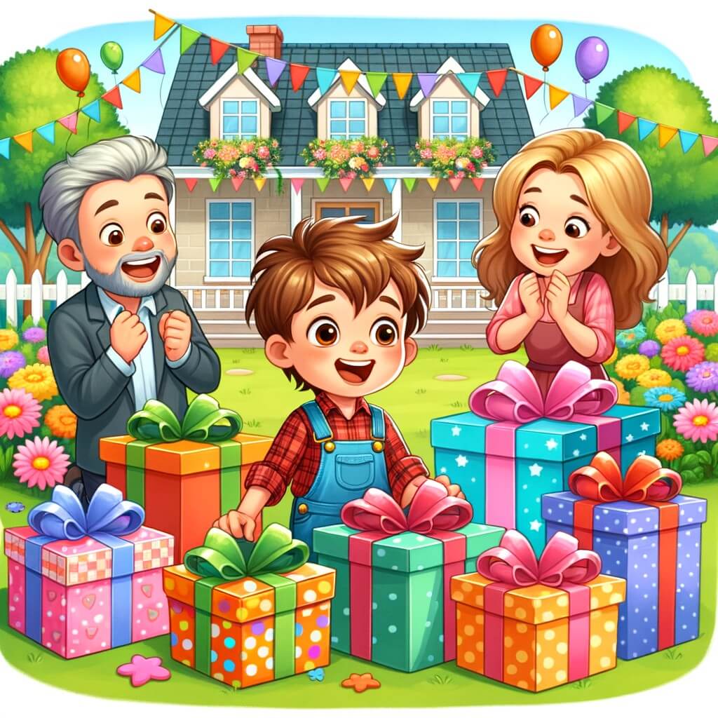 Une illustration destinée aux enfants représentant un petit garçon plein d'excitation, entouré de ses proches, découvrant une montagne de cadeaux colorés, dans une jolie maison avec un jardin fleuri en arrière-plan, le jour de son anniversaire.