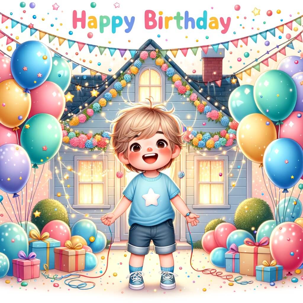 Une illustration destinée aux enfants représentant un petit garçon plein de joie, entouré de ballons colorés et de guirlandes scintillantes, célébrant son anniversaire dans une maison transformée en un véritable paradis de fête.