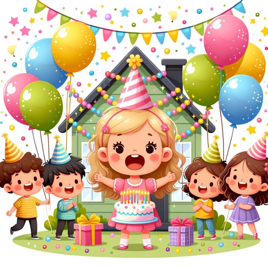 Une illustration destinée aux enfants représentant une petite fille pleine de joie, entourée d'amis et de ballons colorés, célébrant son anniversaire dans une maison décorée de guirlandes scintillantes et de ballons multicolores.