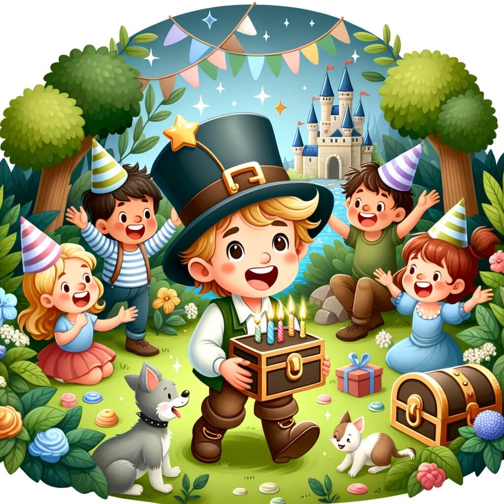 Une illustration destinée aux enfants représentant un petit garçon plein d'enthousiasme, entouré de ses amis, dans un jardin enchanteur, en train de célébrer son anniversaire avec une chasse au trésor.
