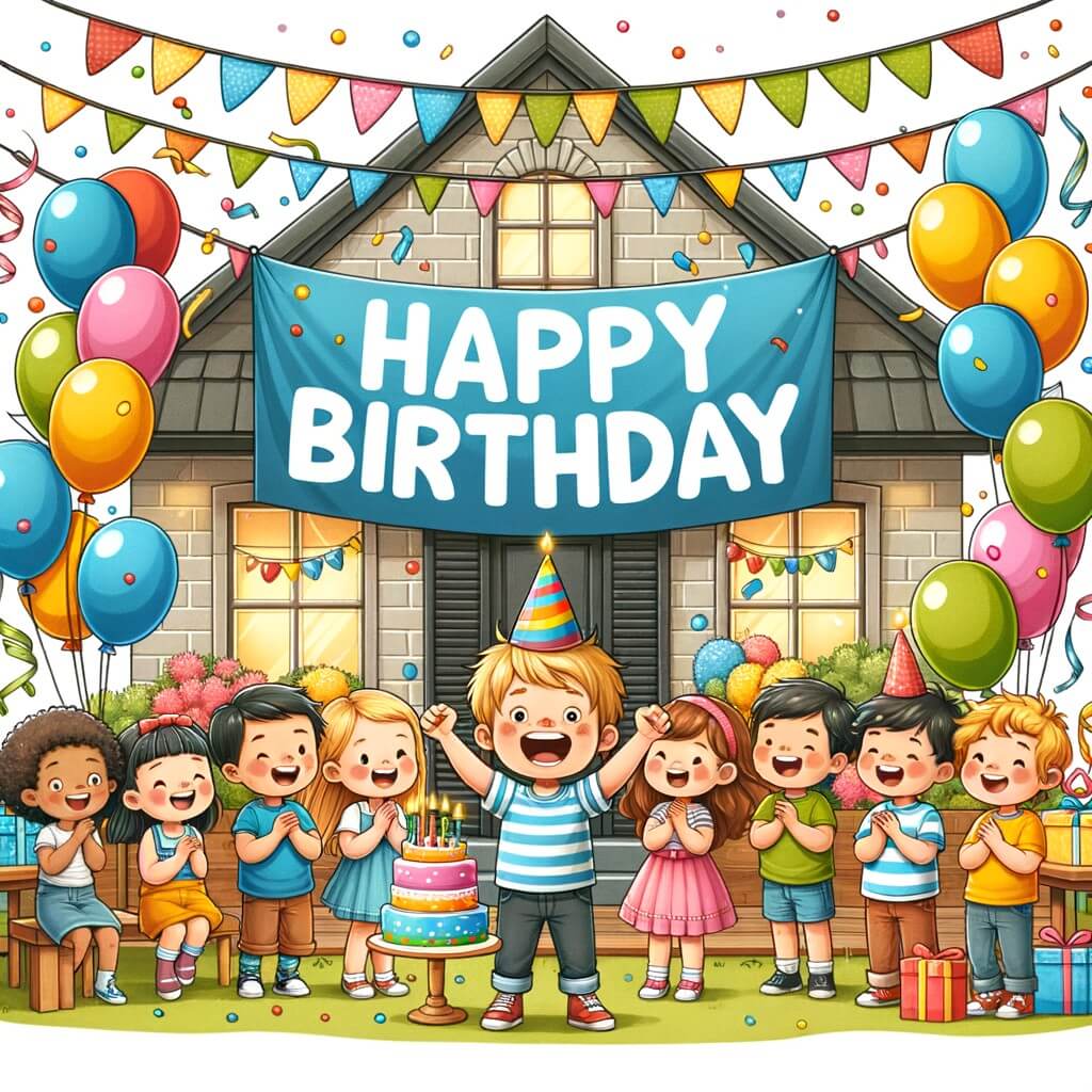 Une illustration pour enfants représentant un petit garçon plein d'excitation lors de sa fête d'anniversaire, dans une maison colorée et festive.