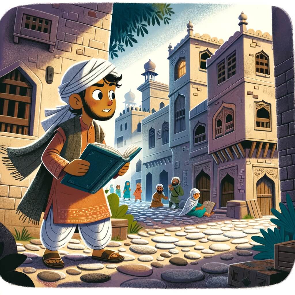 Une illustration pour enfants représentant un homme intrépide, explorant un vieux village à la recherche de trésors cachés, dans un lieu rempli de mystères et d'aventures.