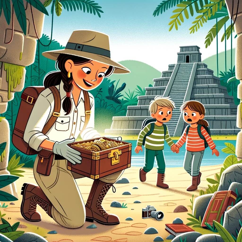 Une illustration destinée aux enfants représentant une archéologue passionnée, en tenue de fouille, découvrant un mystérieux trésor aux côtés de deux enfants curieux, dans les ruines d'un ancien temple caché au cœur de la jungle dense du Pérou.
