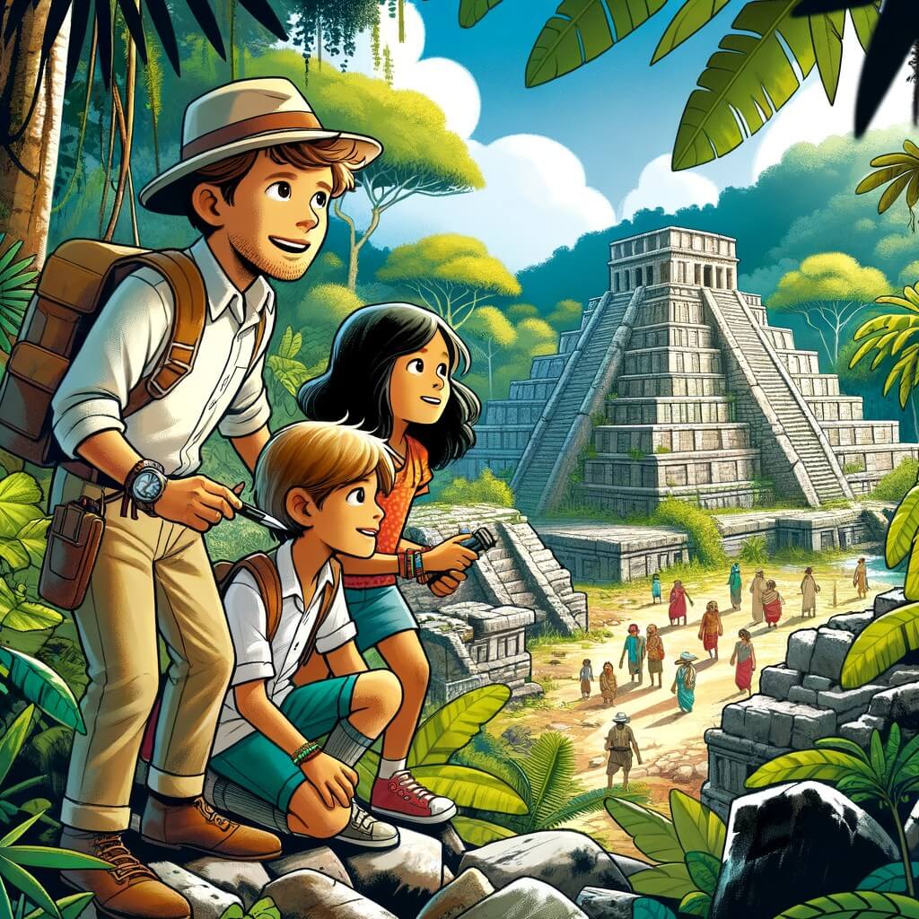 Une illustration destinée aux enfants représentant un intrépide archéologue, accompagné de deux enfants curieux, explorant une ancienne cité en ruine, envahie par la végétation luxuriante de la jungle amazonienne.