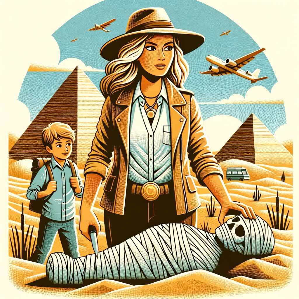 Une illustration pour enfants représentant une femme archéologue supervisant une fouille dans une ancienne tombe égyptienne dans le désert.
