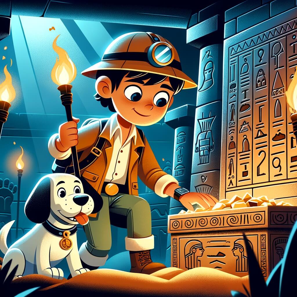 Une illustration destinée aux enfants représentant un archéologue intrépide, en tenue d'exploration, découvrant un trésor ancien avec l'aide de son fidèle chien, dans une tombe égyptienne mystérieuse, éclairée par des torches vacillantes et remplie de hiéroglyphes mystérieux.