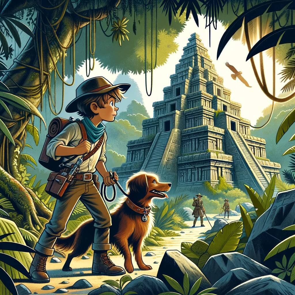 Une illustration destinée aux enfants représentant un jeune aventurier passionné et intrépide, accompagné de son fidèle chien explorateur, découvrant les mystères d'un temple ancien enfoui au cœur d'une jungle dense et luxuriante.