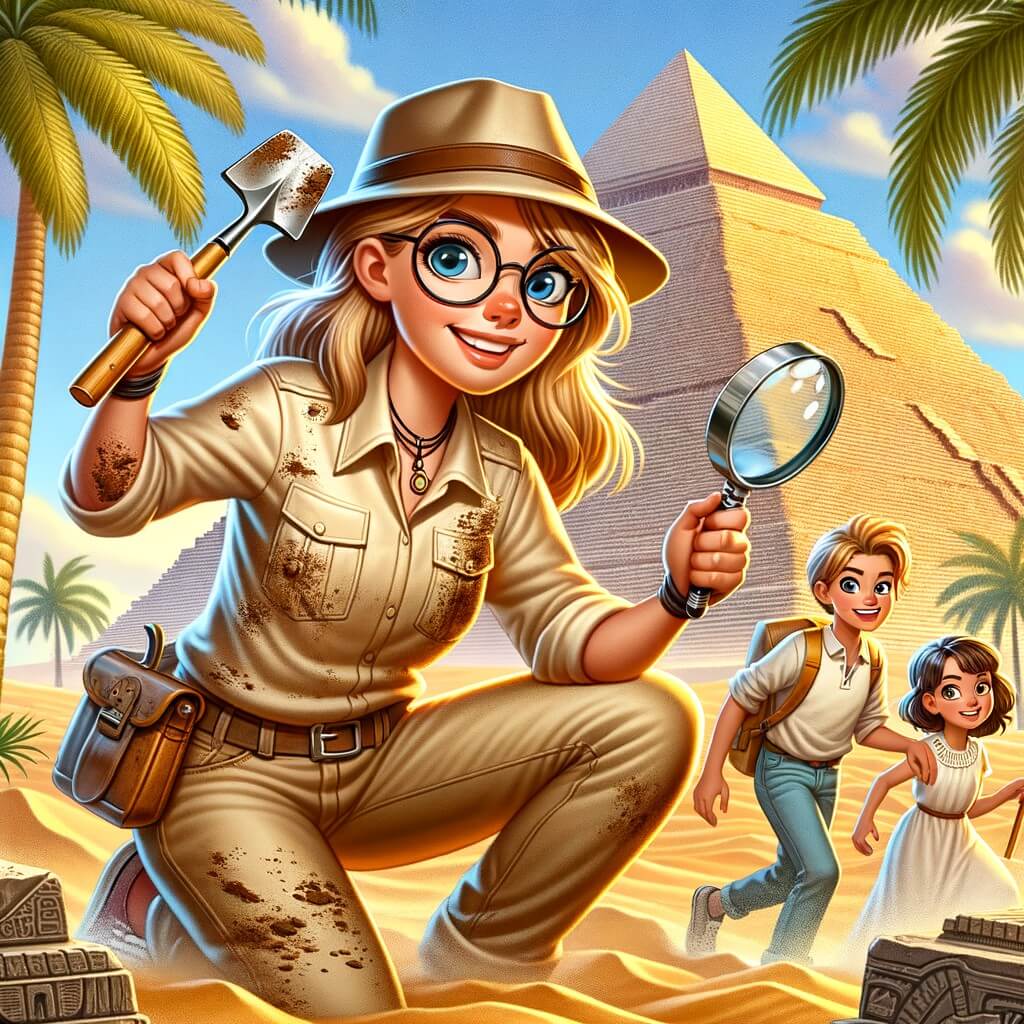 Une illustration destinée aux enfants représentant une femme aventurière, vêtue d'une chemise beige tachée de terre, tenant une pelle et une loupe, en train de fouiller un ancien tombeau égyptien, accompagnée d'un jeune garçon et d'une fillette, dans le décor envoûtant d'une pyramide majestueuse, entourée de palmiers et du désert doré à perte de vue.