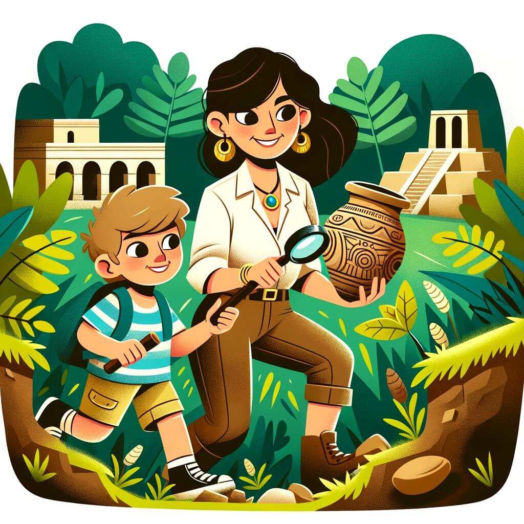Une illustration destinée aux enfants représentant une femme archéologue passionnée, fouillant les ruines enfouies d'une ancienne civilisation dans un jardin verdoyant, accompagnée d'un jeune garçon curieux qui tient fièrement un morceau de poterie précolombienne.