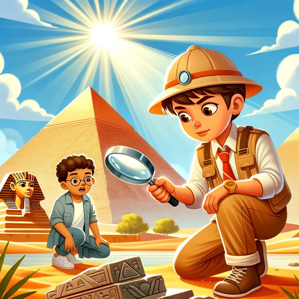 Une illustration destinée aux enfants représentant un homme aventurier, équipé d'un chapeau de safari et d'une loupe, découvrant une ancienne tombe égyptienne ensoleillée, avec des pyramides majestueuses en arrière-plan, tandis qu'un jeune garçon curieux l'observe avec émerveillement.