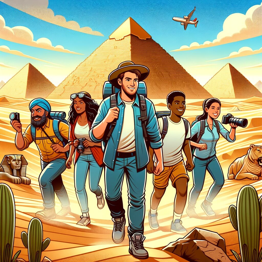 Une illustration pour enfants représentant un homme passionné par l'archéologie qui part à l'aventure en Égypte pour découvrir une tombe cachée pleine de trésors anciens.