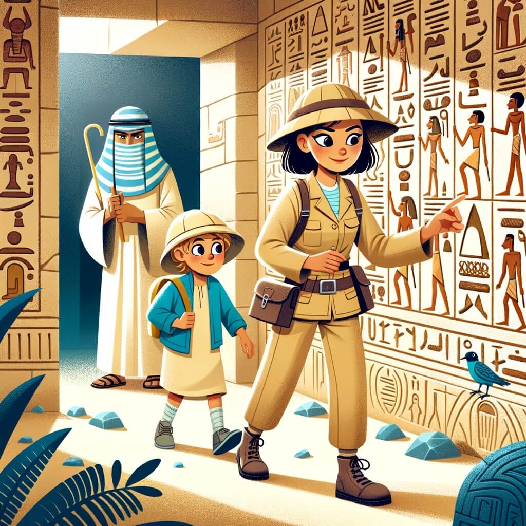 Une illustration pour enfants représentant une femme aventurière, en train d'explorer une tombe égyptienne pleine de mystères et de trésors cachés.