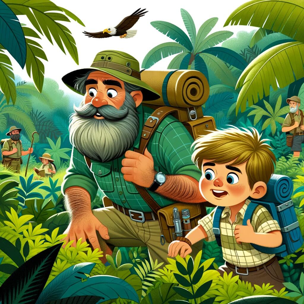 Une illustration destinée aux enfants représentant un homme barbu et aventurier, accompagné d'un jeune garçon curieux, explorant une jungle luxuriante à la recherche d'un trésor caché.