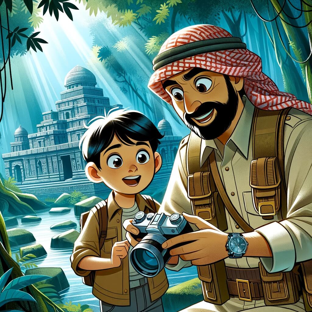 Une illustration destinée aux enfants représentant un homme passionné d'archéologie, accompagné d'un jeune garçon curieux, explorant les ruines d'une ancienne cité engloutie au milieu d'une forêt dense et luxuriante.