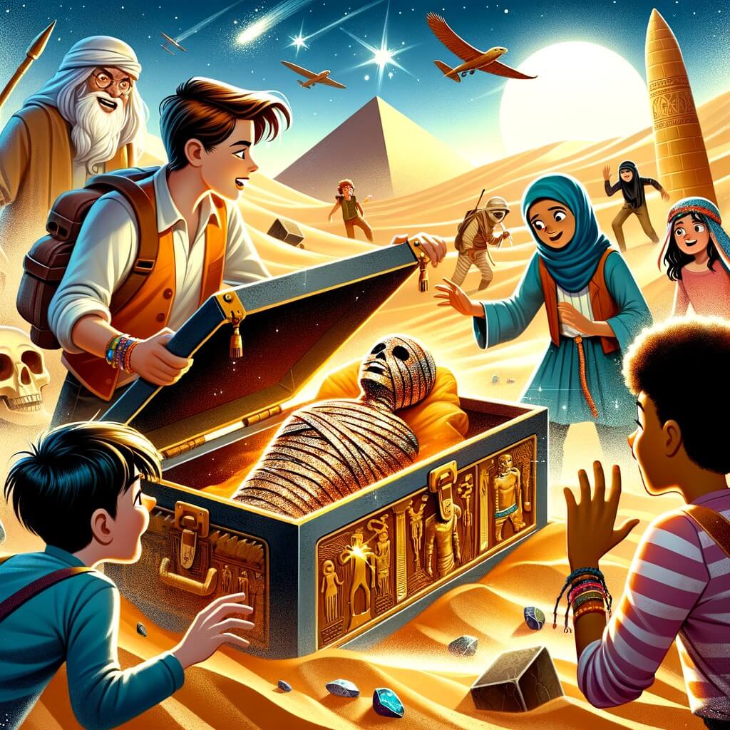 Une illustration destinée aux enfants représentant un archéologue intrépide, se trouvant au cœur d'un désert brûlant, découvrant un sarcophage étincelant avec des momies mystérieuses, tandis qu'un groupe d'amis l'observe avec émerveillement.