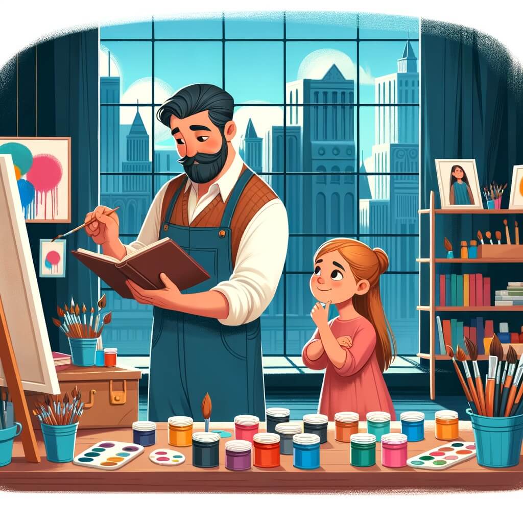 Une illustration destinée aux enfants représentant une artiste talentueuse et passionnée qui trouve l'inspiration dans une galerie d'art, accompagnée d'une petite fille curieuse, dans un studio lumineux rempli de pots de peinture, de pinceaux et de livres d'art, situé dans un coin tranquille de la ville.