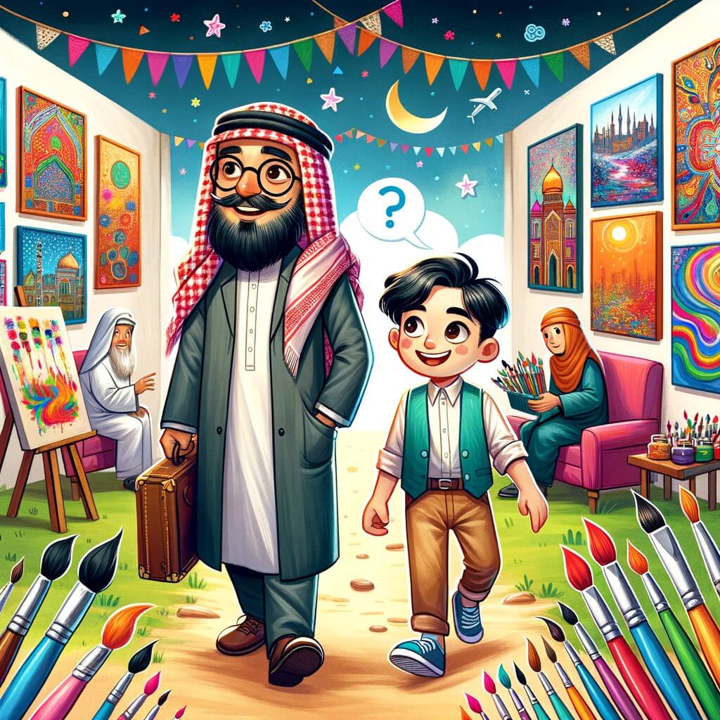 Une illustration destinée aux enfants représentant un homme passionné par l'art, accompagné d'un jeune garçon curieux, dans une galerie d'art colorée remplie de tableaux magnifiques et de pinceaux multicolores.