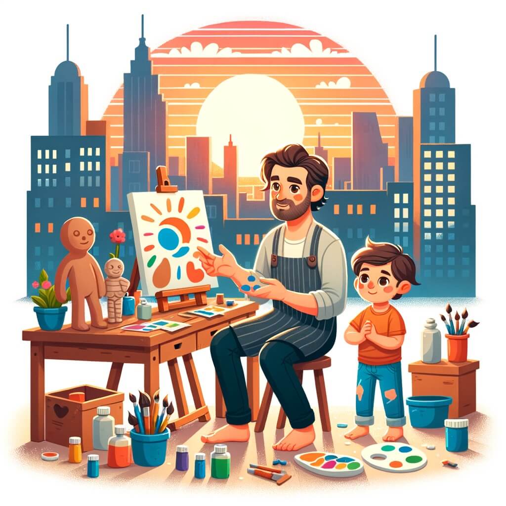 Une illustration pour enfants représentant un artiste talentueux et passionné qui crée des œuvres d'art dans son studio pittoresque.