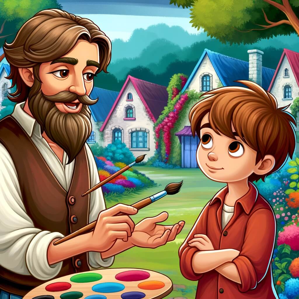 Une illustration destinée aux enfants représentant un artiste talentueux, passionné par la peinture, qui rencontre un jeune garçon curieux dans un village coloré entouré d'une forêt luxuriante.