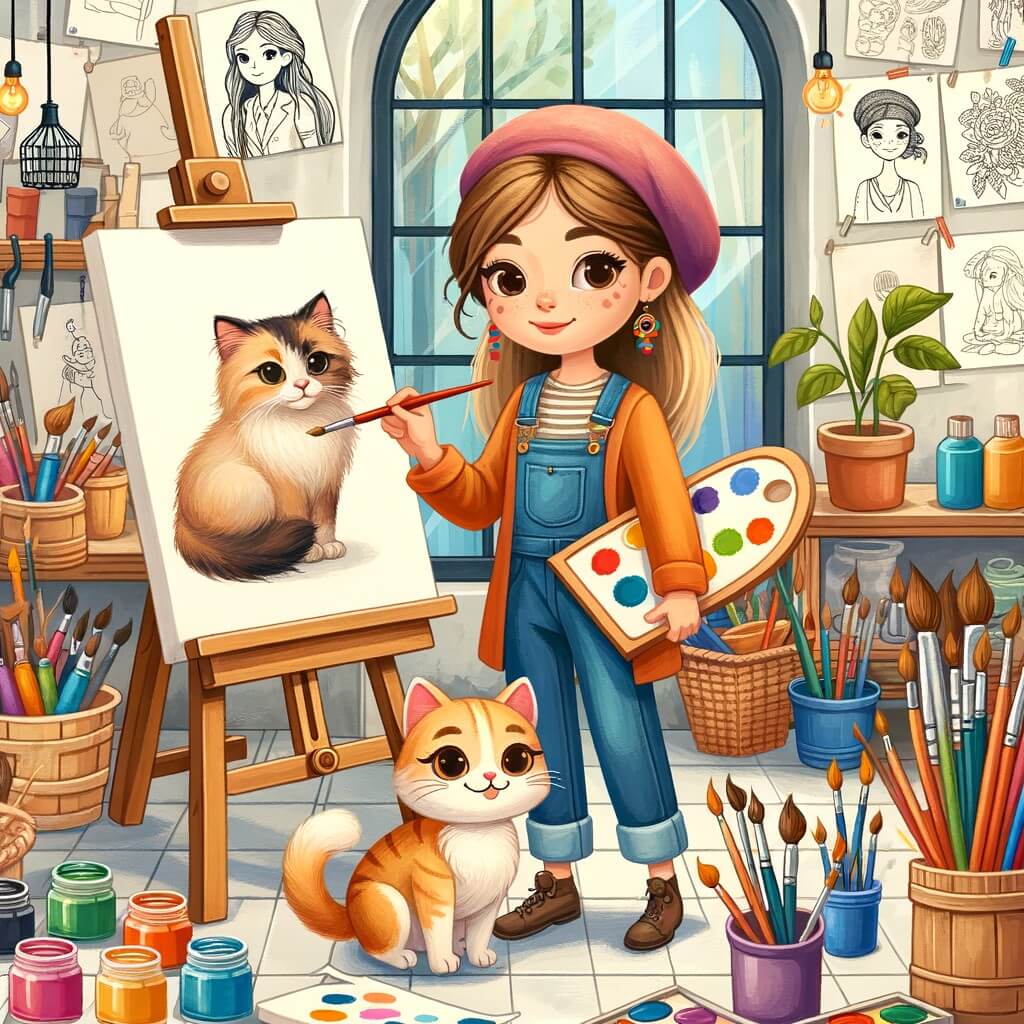 Une illustration destinée aux enfants représentant une artiste talentueuse, entourée de pinceaux colorés et de toiles, accompagnée d'un petit chat curieux, dans un atelier lumineux rempli de pots de peinture et de dessins accrochés aux murs.