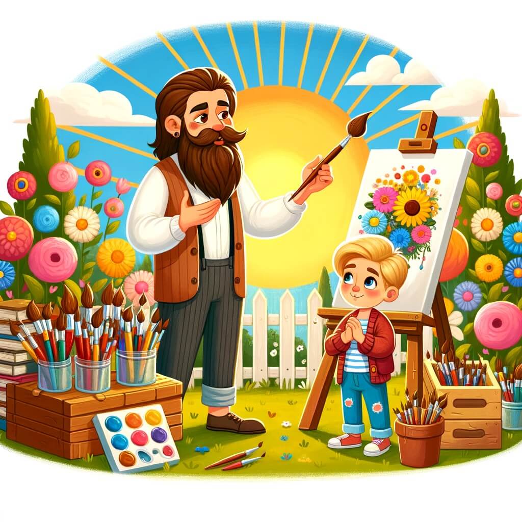 Une illustration destinée aux enfants représentant un artiste barbu et passionné de peinture, accompagné d'un jeune garçon curieux, dans un atelier coloré rempli de pinceaux, toiles et pots de peinture, situé au cœur d'un jardin fleuri baigné de soleil.