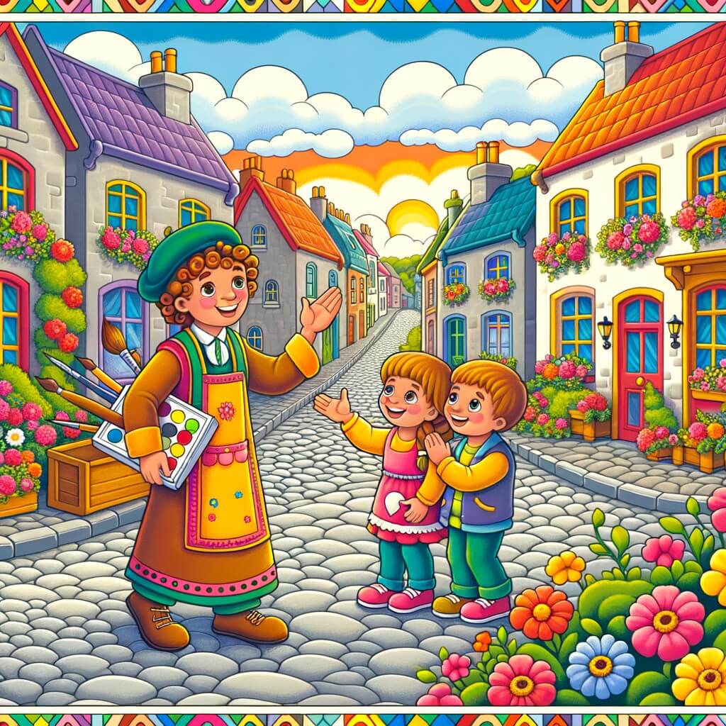 Une illustration destinée aux enfants représentant un artiste talentueux, vêtu d'une blouse colorée, qui rencontre deux enfants joyeux dans une rue pavée pleine de maisons colorées et de fleurs en fleurs.